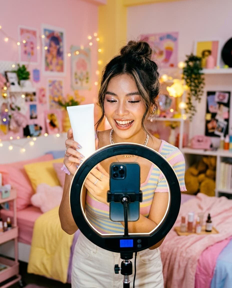 ครีเอเตอร์สายบิวตี้ถือหลอดครีมหน้าริงไลต์ในห้องสีพาสเทล