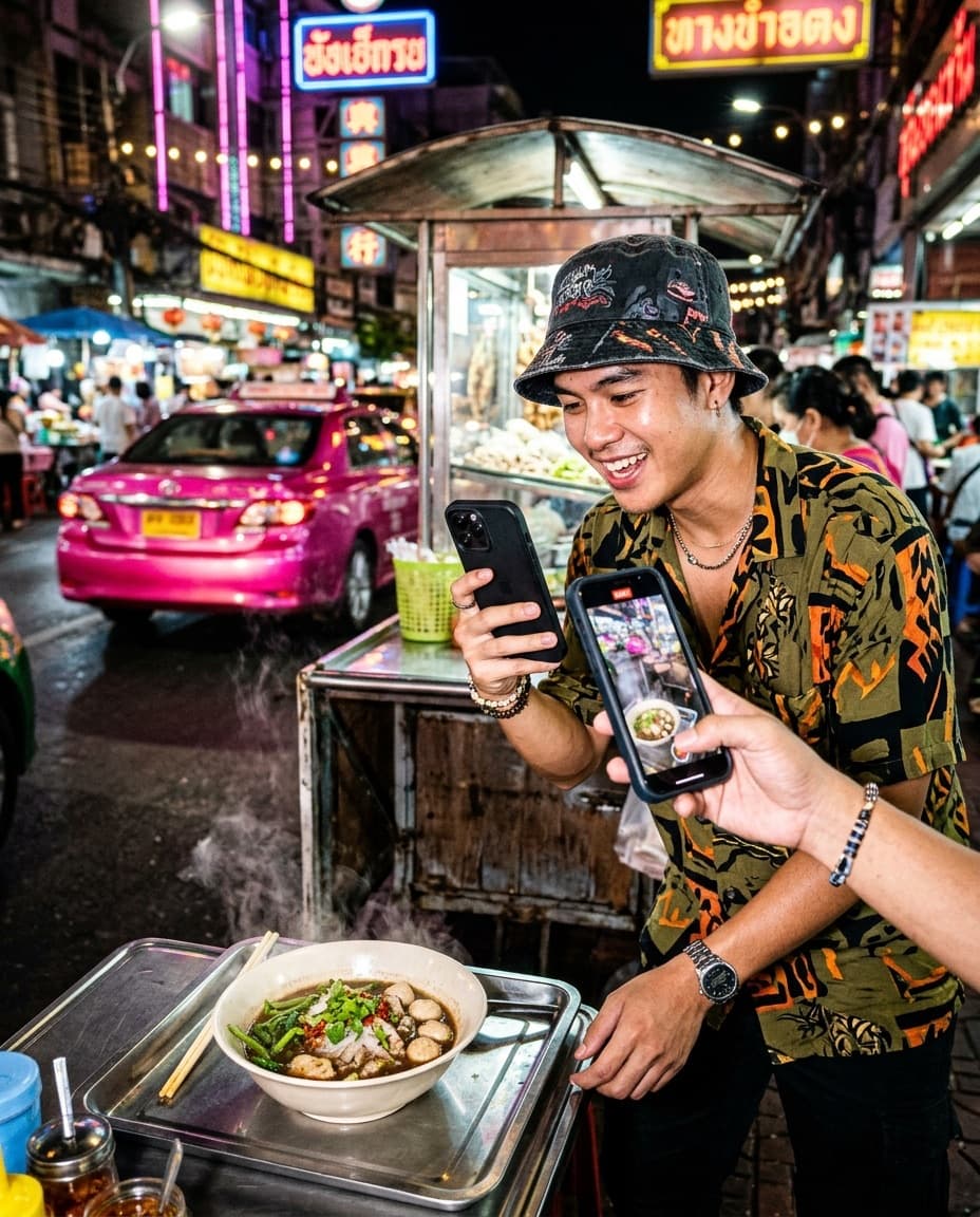 ครีเอเตอร์หนุ่มถ่ายก๋วยเตี๋ยวเรือที่ร้านริมทางตอนกลางคืน